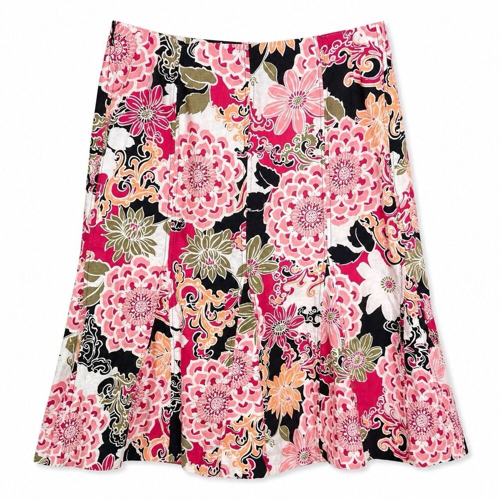 Kim Rogers Petite Floral Midi Skirt 14P Linen Cottagecore Garden Party Pink